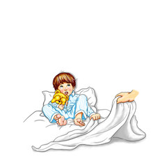 Junge Kind Schlafanzug blau gestreift liegen barfuß Bett nachts Teddy im Arm halten Augen ängstlich verstört verunsichert Blick nach oben Angst Hand zieht Bettdecke weg Bedrohung Missbrauch  