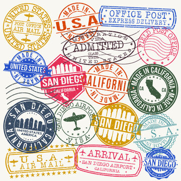 San Diego California Stamp Vector Art Postal Passport Travel Design Set.