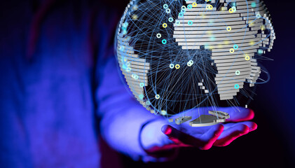 Global network connection. World map point and line composition