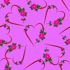 Pink seamless pattern with hearts decorated with pink flowers