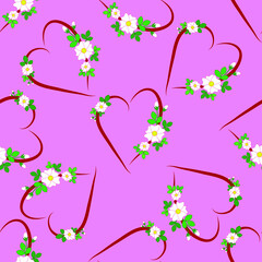 Pink seamless pattern with hearts decorated with white flowers