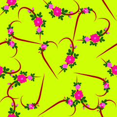 Yellow seamless pattern with hearts decorated with pink flowers
