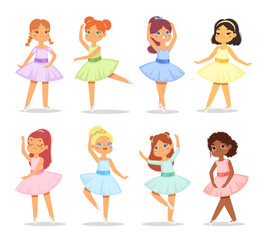 Big set of cute little multicultural ballerinas with various hairstyles in pink tutu dresses. Ballet dancers in different poses, baby princess characters training in school class. Vector Illustration