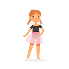 Cartoon cute little European ballerina girl with pretty red hair in pink tutu dress. Ballet dancer in elegant pose, baby princess character. Vector Illustration card, poster design, banner, web