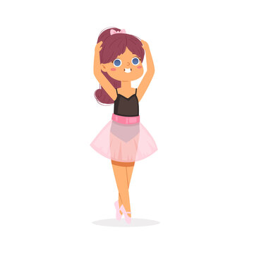 Cartoon cute little European ballerina girl with pretty red hair in pink tutu dress. Ballet dancer in elegant pose, baby princess character. Vector Illustration card, poster design, banner, web