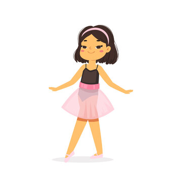 Cartoon cute little Asian ballerina girl with pretty black hair in pink tutu dress. Ballet dancer in elegant pose, baby princess character. Vector Illustration card, poster design, banner, web