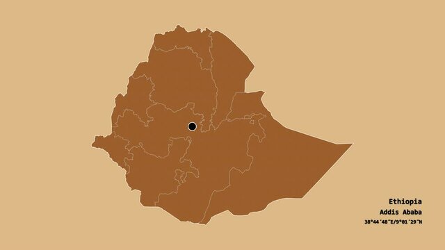 Gambela Peoples, state of Ethiopia, with its capital, localized, outlined and zoomed with informative overlays on a solid patterned map in the Stereographic projection. Animation 3D