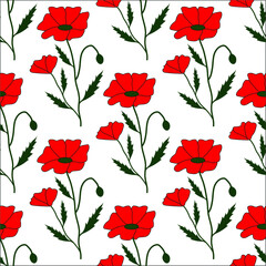 White seamless pattern with red poppies and green leaves