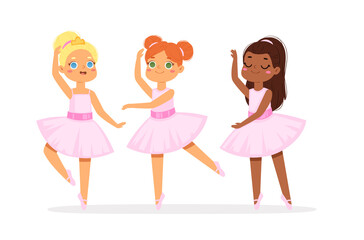 Cartoon cute little multicultural ballerinas with various hairstyles in pink tutu dresses. Ballet dancers in different poses, baby princess characters training in school class. Vector Illustration set