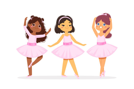 Cartoon cute little multicultural ballerinas with various hairstyles in pink tutu dresses. Ballet dancers in different poses, baby princess characters training in school class. Vector Illustration set