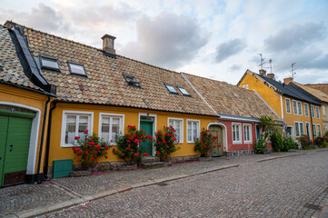 Fototapeta na wymiar Yellow and red cottages bordered with rose bushes along a cobblestoned street in old historic part of university town Lund, Sweden