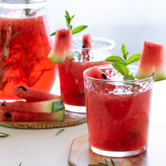 Homemade fresh watermelon drink, summer refreshing smothie with fresh friuts