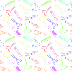 White background with hairdresser items, seamless pattern, multicolored flat vector