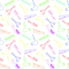 White background with hairdresser items, seamless pattern, multicolored flat vector