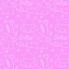 Set of white Easter doodles on a pink background, seamless pattern