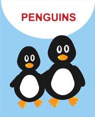 Two penguins in cartoon style in the form of a poster