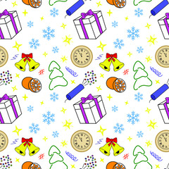 Set of winter new year doodles in color on a white background, seamless pattern