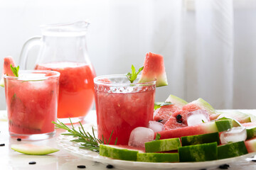Homemade fresh watermelon drink, summer refreshing smothie with fresh friuts