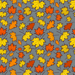 Yellow autumn leaves on a gray background, seamless pattern