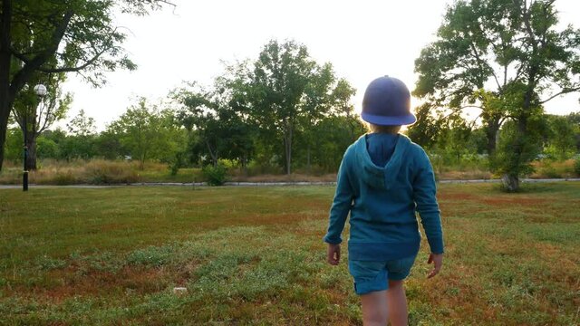 Cute child in blue hoody and snapback staying in autumn forest. Young girl walks on green grass rare back view faceless. Little kid walking on forest path on fresh air sunrays outdoor, sun light flash