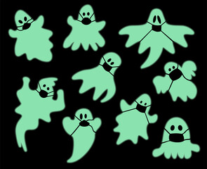 Halloween covid-19 concept. set of ghosts in medical protective masks. Halloween 2020 during the coronavirus pandemic.