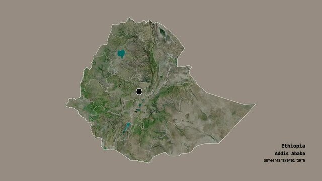 Somali, state of Ethiopia, with its capital, localized, outlined and zoomed with informative overlays on a satellite map in the Stereographic projection. Animation 3D