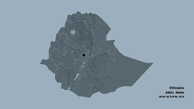 Tigray, state of Ethiopia, with its capital, localized, outlined and zoomed with informative overlays on a administrative map in the Stereographic projection. Animation 3D