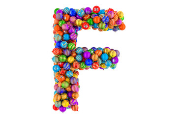 Letter F from colored Christmas balls. Xmas balls font, 3D rendering