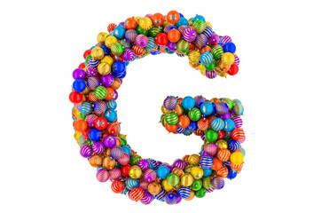 Letter G from colored Christmas balls. Xmas balls font, 3D rendering