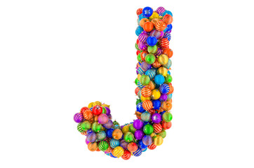 Letter J from colored Christmas balls. Xmas balls font, 3D rendering