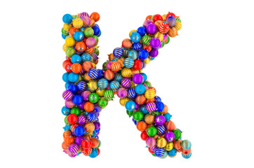 Letter K from colored Christmas balls. Xmas balls font, 3D rendering
