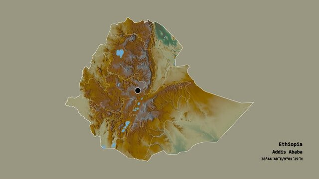 Tigray, state of Ethiopia, with its capital, localized, outlined and zoomed with informative overlays on a relief map in the Stereographic projection. Animation 3D