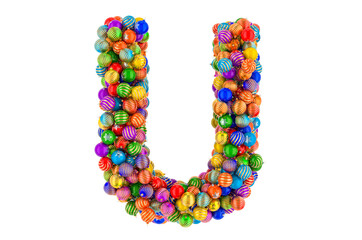 Letter U from colored Christmas balls. Xmas balls font, 3D rendering