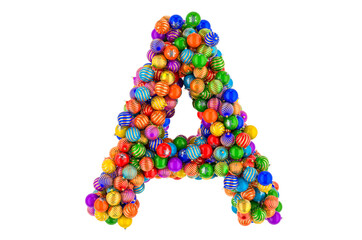 Letter A from colored Christmas balls. Xmas balls font, 3D rendering
