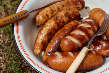 Homemade grilled meat sausages in a white plate on a green background