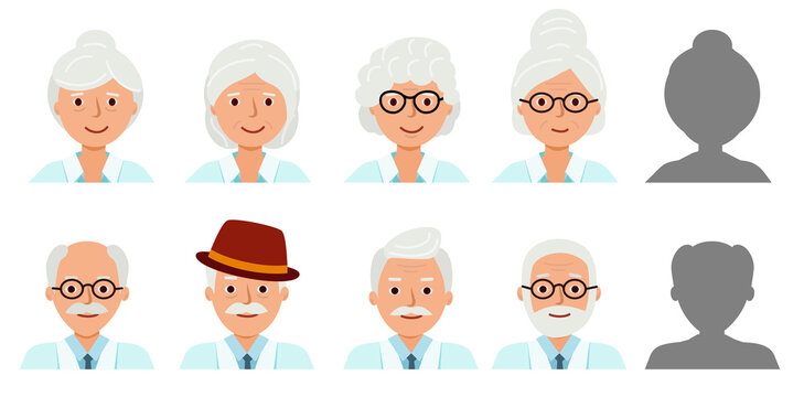 Set Avatar profile isolated. Icons of happy grandparents. Silhouette of a human head. grandmother, grandfather, elderly people. Vector illustration.