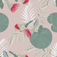 Tropical background with jungle plants. Seamless tropical pattern with palm leaves and exotic eucaliptus flowers. Vintage background.