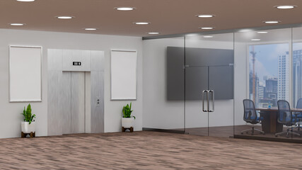 Elevator and modern meeting room with glass panel 3D rendering