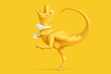 Happy T-Rex with phone, headphones and glasses. 3D illustration © kirill_makarov