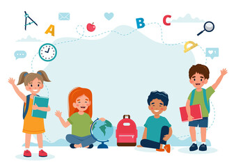 Happy children in class, back to school concept, cute characters. Vector illustration in flat style