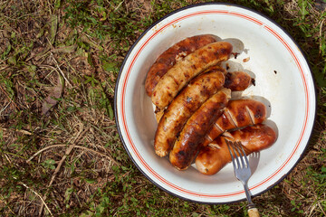 Homemade grilled meat sausages in a white plate on a green background