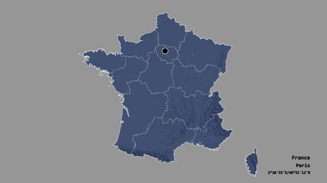 Grand Est, region of France, with its capital, localized, outlined and zoomed with informative overlays on a administrative map in the Stereographic projection. Animation 3D