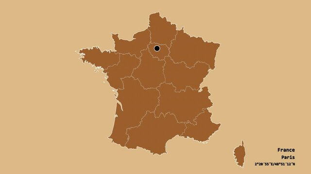 Grand Est, region of France, with its capital, localized, outlined and zoomed with informative overlays on a solid patterned map in the Stereographic projection. Animation 3D