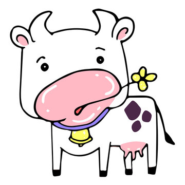 White cartoon heifer with a bell around her neck chews a yellow field flower