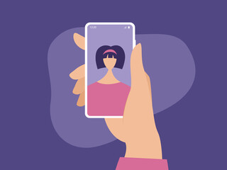 Portrait of a woman on a mobile phone screen, millennial lifestyle, gadgets, online video call. Vector illustration