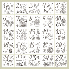 Obraz premium Christmas advent calendar. Hand Drawn Doodle Christmas characters and decorations. Holiday Set