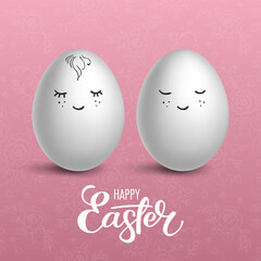 Realistic eggs with funny faces on floral pink background. Easter greeting card or invitation template