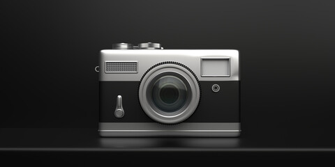 Fototapeta premium Vintage film photo camera isolated on black color background. 3d illustration