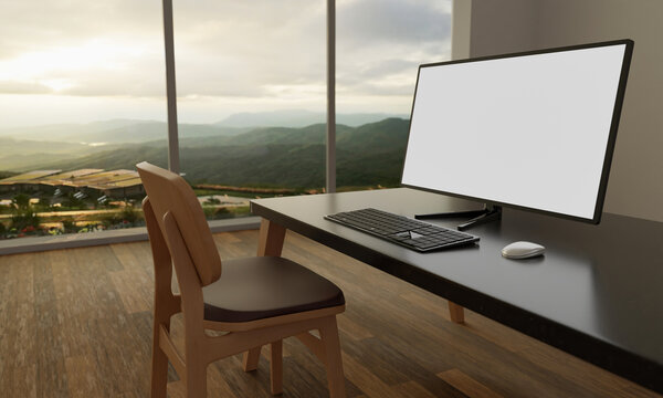 Desktop or PCs blank screens for copy space. Wooden chairs and open desks There is a computer located. The floor of the room is made of parquet.Glass window Mountain views and morning sun.3D Rendering