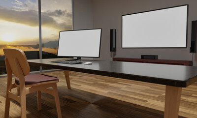 TV monitor Blank white screen And home theater speakers Desktop computer The screen is blank white. The floor is made of parquet and glass windows with mountain views and morning sunlight.3D Rendering